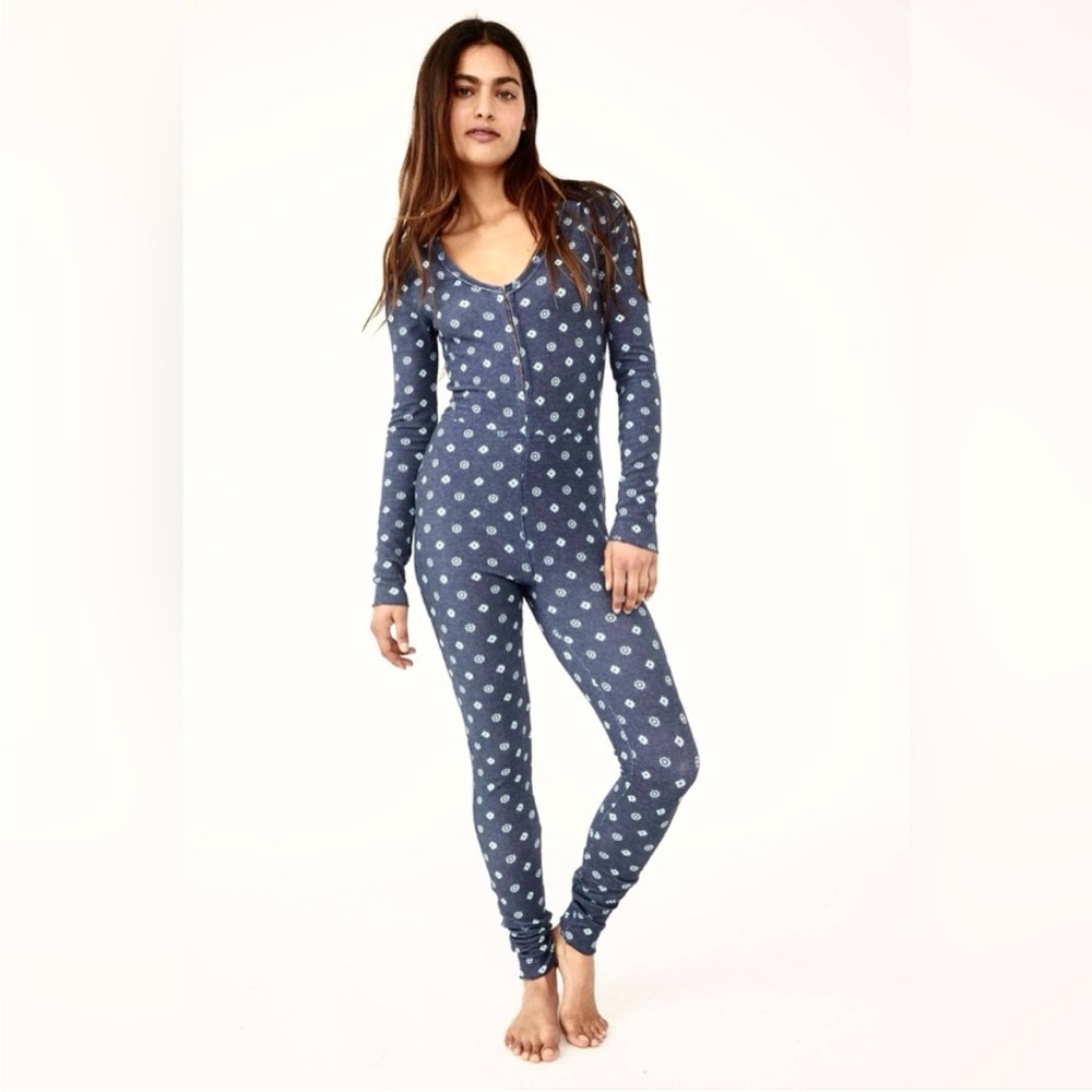 FREE PEOPLE Intimately Home Alone Long Johns Thermal Knit Cozy PJ Onesie-Small